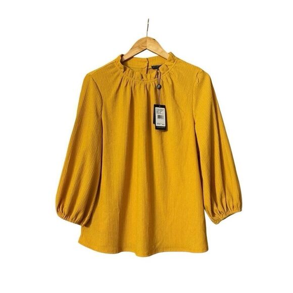 Adrianna Papell textured knit 3/4 bubble sleeves ochre medium new - Picture 1 of 11